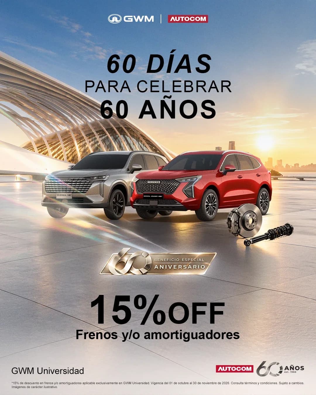 GWM Universidad: 15% de descuento en frenos y/o amortiguadores, beneficio especial de aniversario, con una Haval H6 y una Haval Jolion HEV